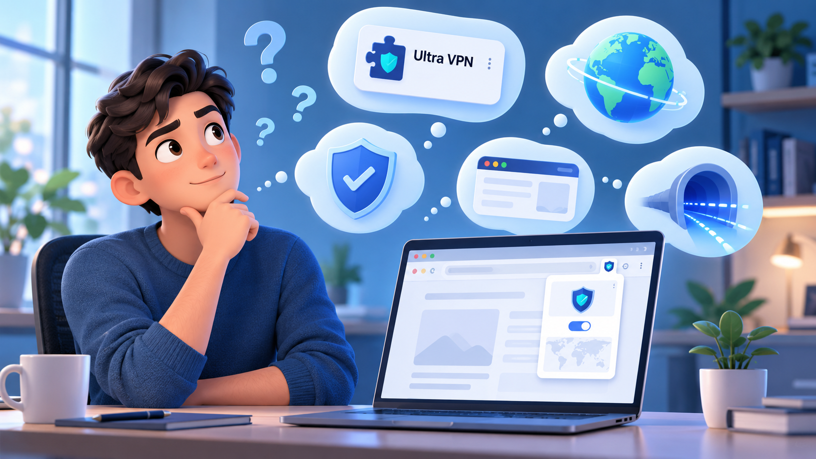 Illustration of a user learning how the Ultra VPN browser extension works for private browsing